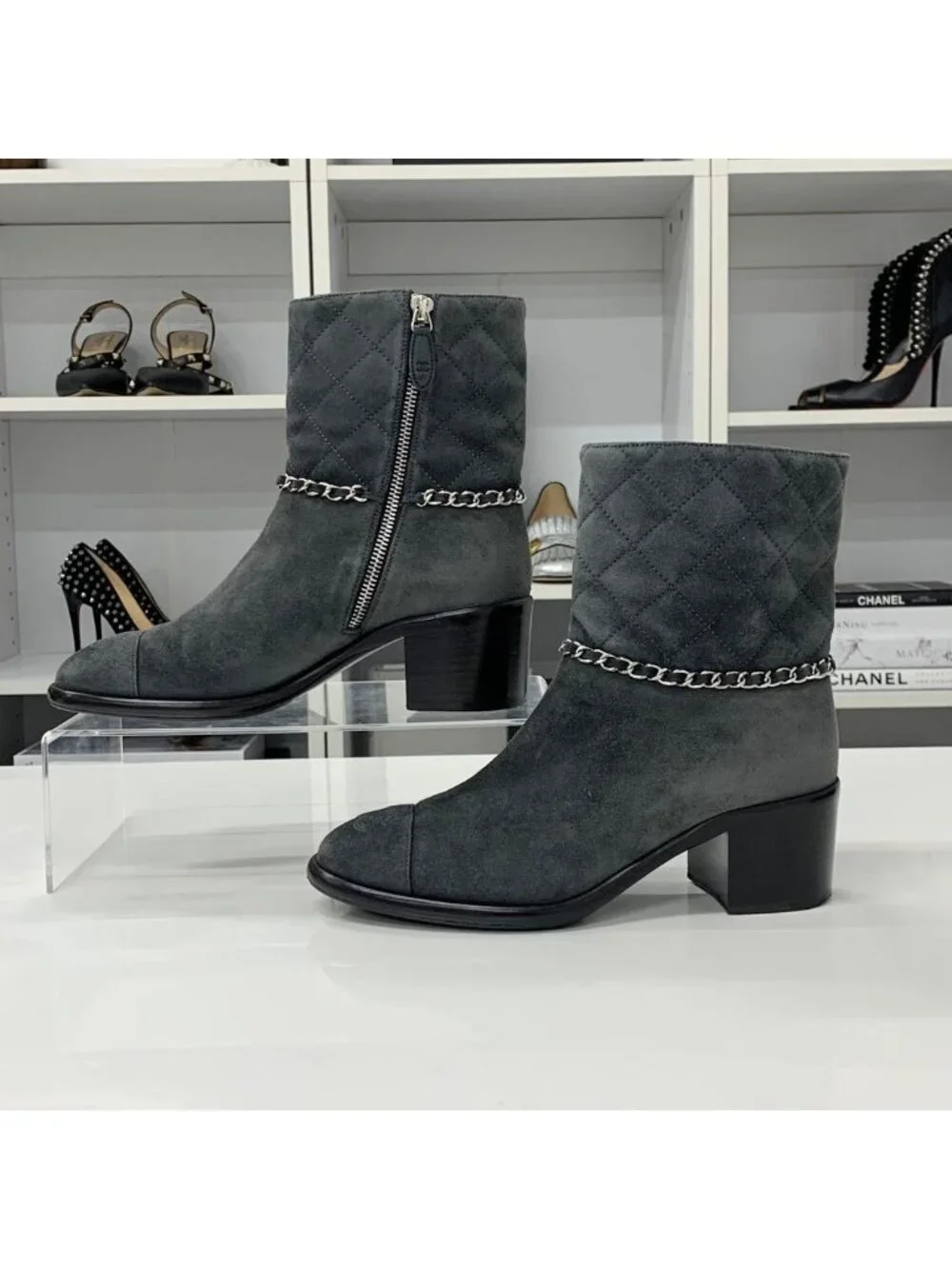 Chanel CC Logo Quilted Suede Chain Short Boots
